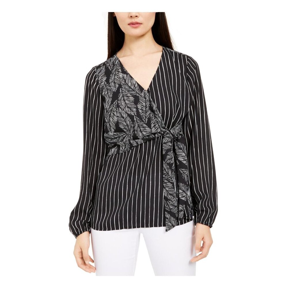 🩵 Alfani Women's Side Tie V Neck Stripe Blouse Size Medium